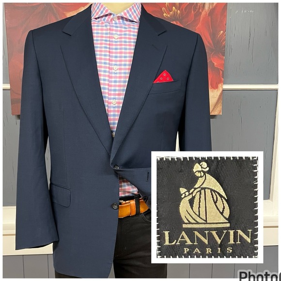Vintage Lanvin Paris Blazer Mens 42R Wool Navy Ventless Jacket Shoulder Pads
